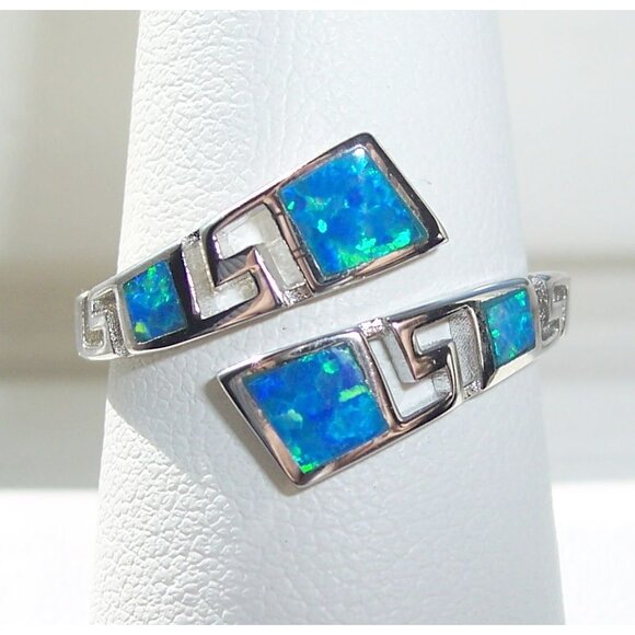 925 STERLING SILVER Lab Created Blue Fire Opal Bypass Ring - Picture 12 of 15